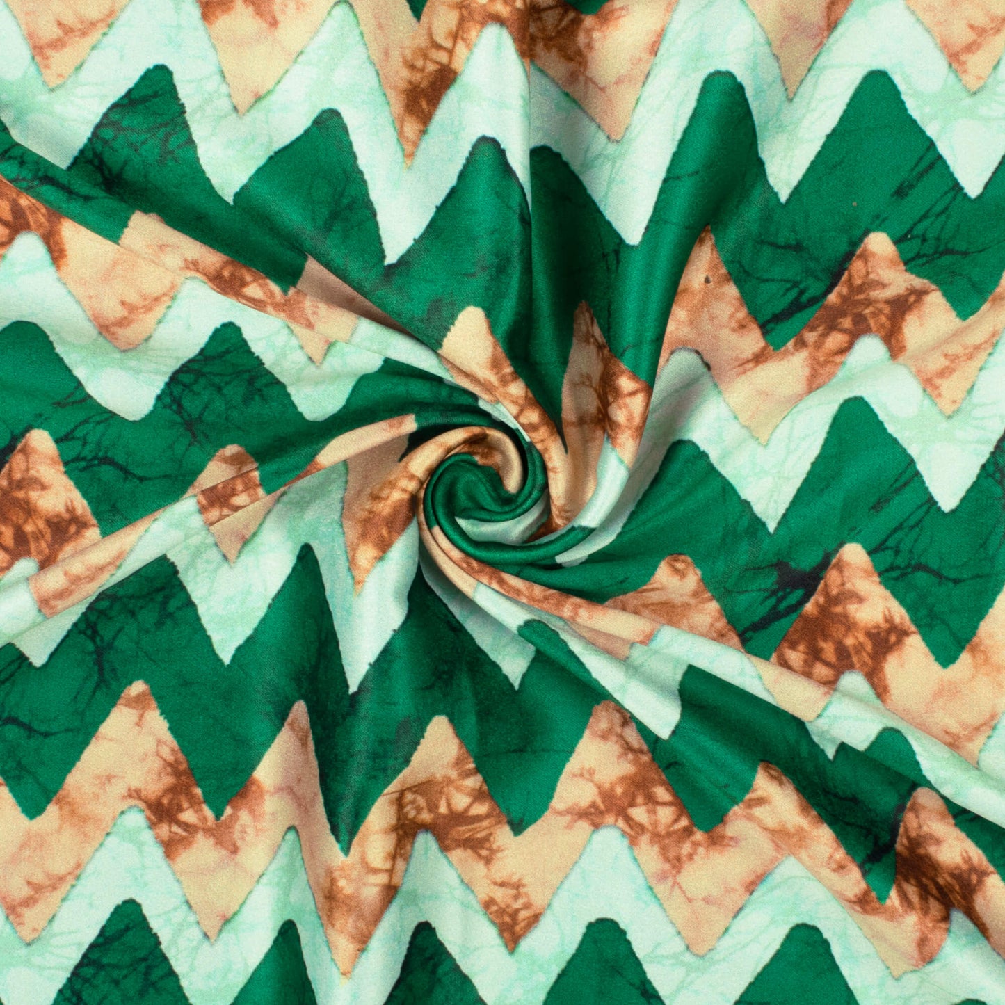 Forest Green And Melon Orange Chevron Pattern Digital Print Lush Satin Fabric