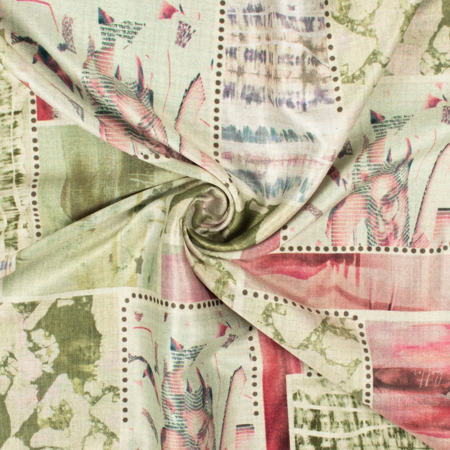 Pistachio Green And Pale Pink Patch Pattern Digital Print Lush Satin Fabric