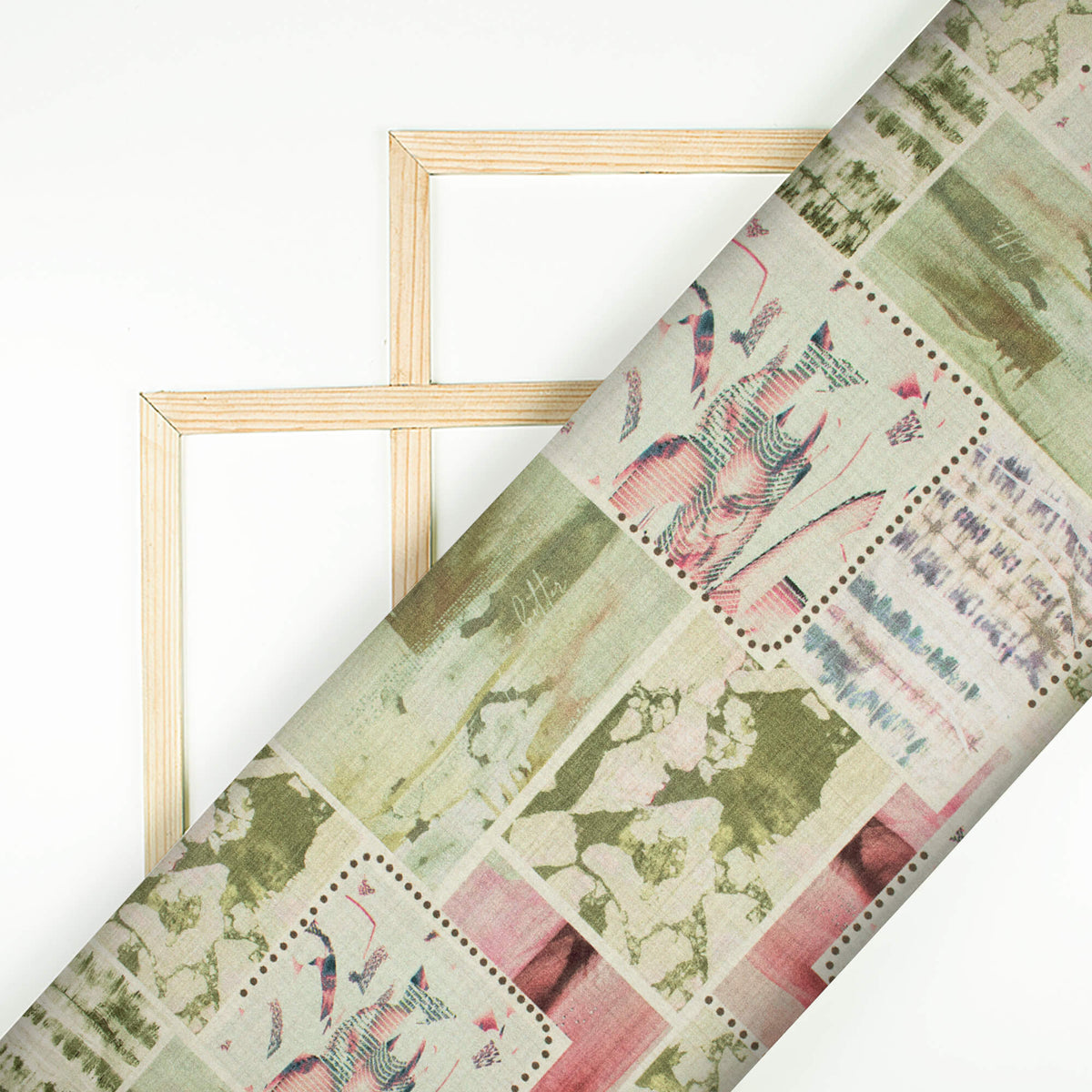 Pistachio Green And Pale Pink Patch Pattern Digital Print Lush Satin Fabric