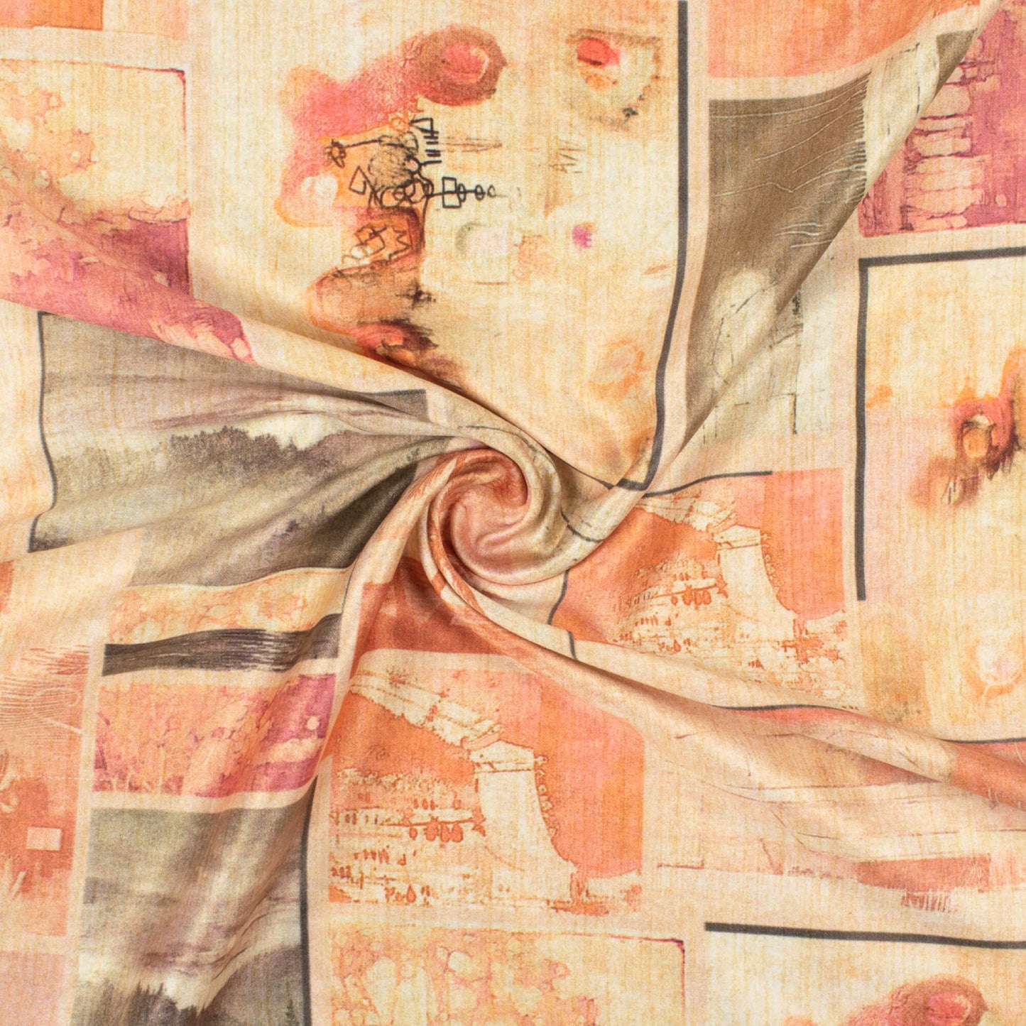 Peach And Moss Green Patch Pattern Digital Print Lush Satin Fabric