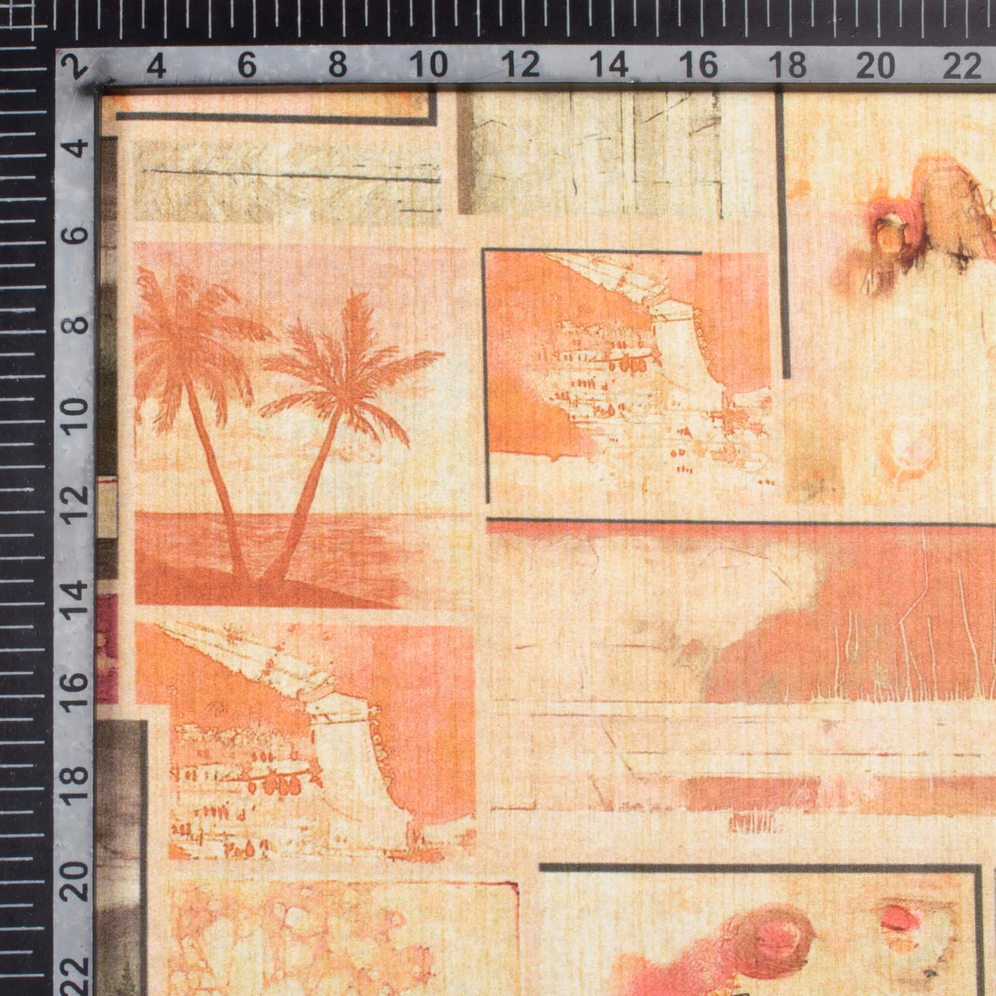 Peach And Moss Green Patch Pattern Digital Print Lush Satin Fabric