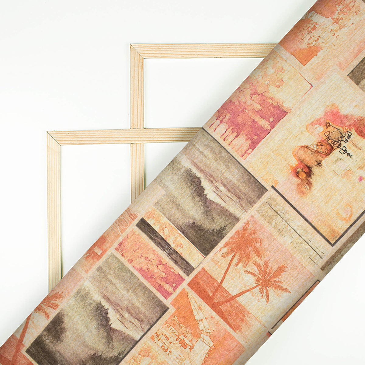 Peach And Moss Green Patch Pattern Digital Print Lush Satin Fabric