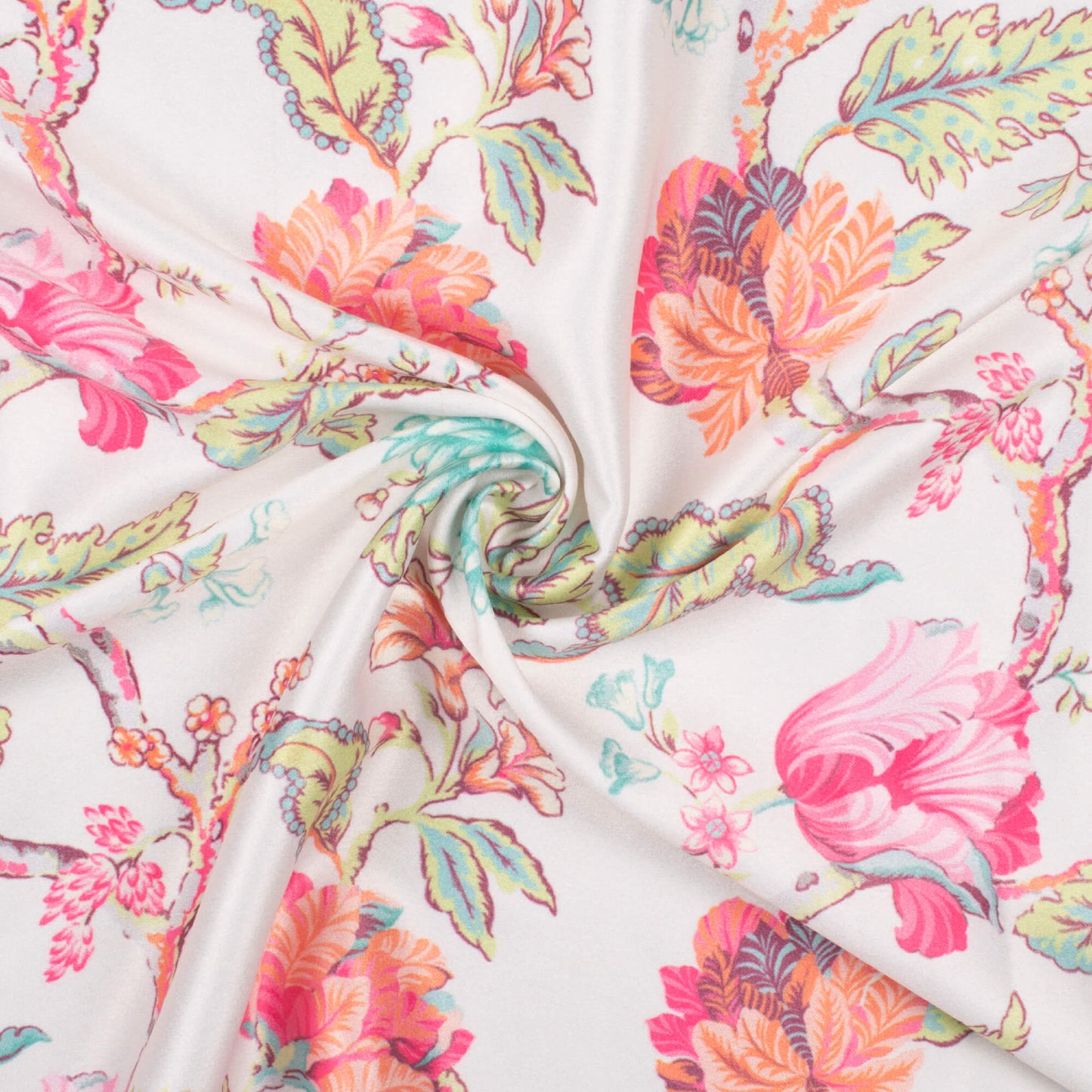 Premium White And Taffy Pink Floral Pattern Digital Print Lush Satin Fabric