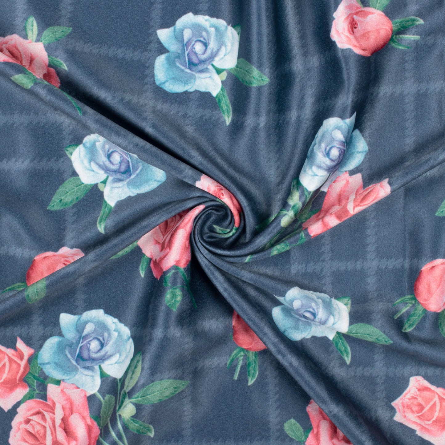 Prussian Blue And Rose Pink Floral Pattern Digital Print Lush Satin Fabric