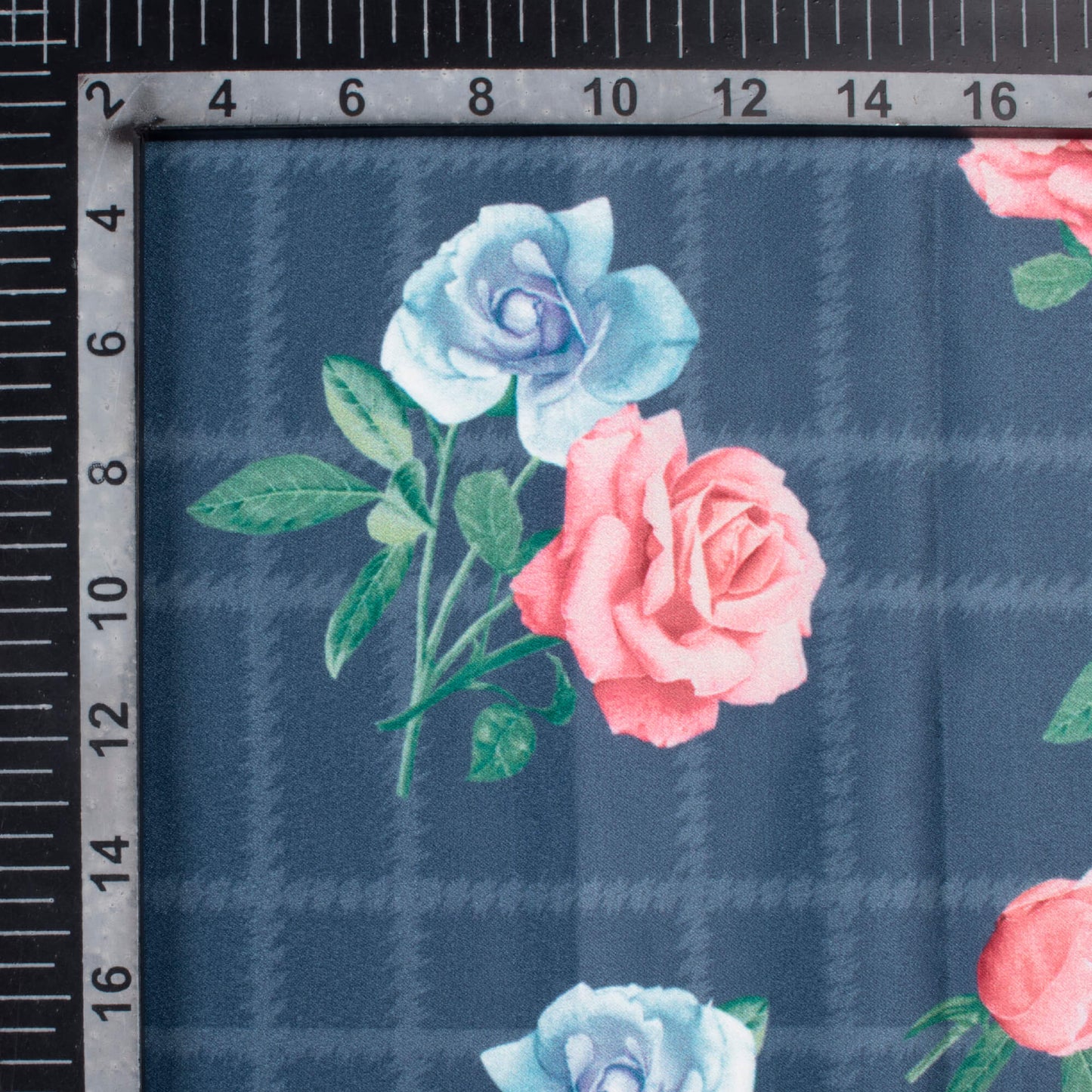 Prussian Blue And Rose Pink Floral Pattern Digital Print Lush Satin Fabric