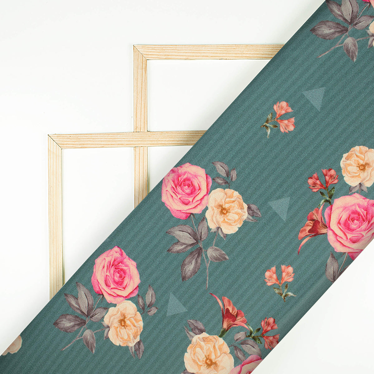 Viridian Green And Rose Pink Floral Pattern Digital Print Lush Satin Fabric