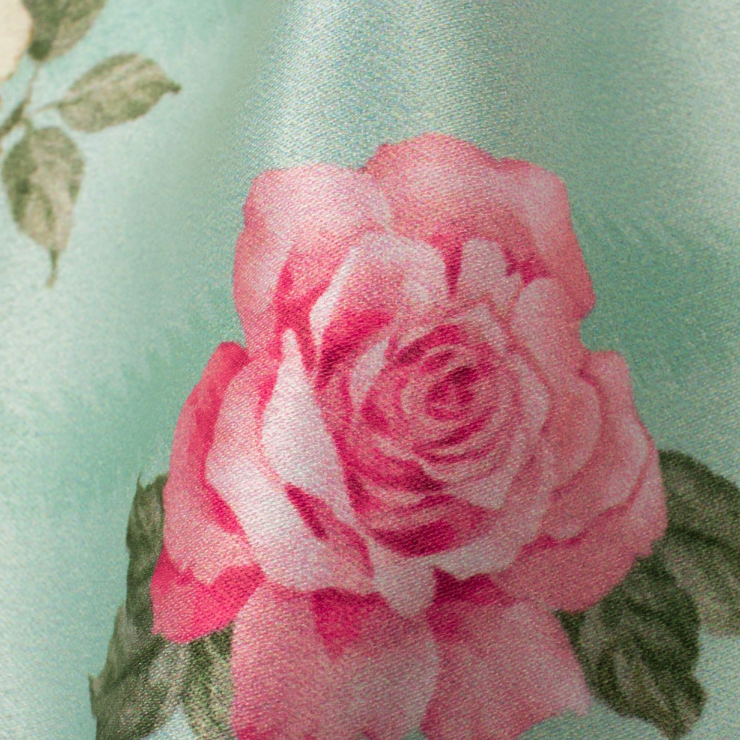 Mint Green And Rose Pink Floral Pattern Digital Print Lush Satin Fabric