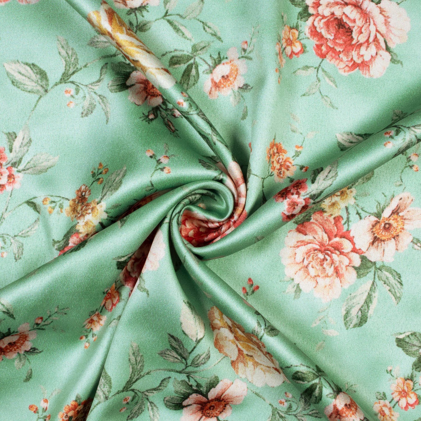 Paris Green And Brick Pink Floral Pattern Digital Print Lush Satin Fabric