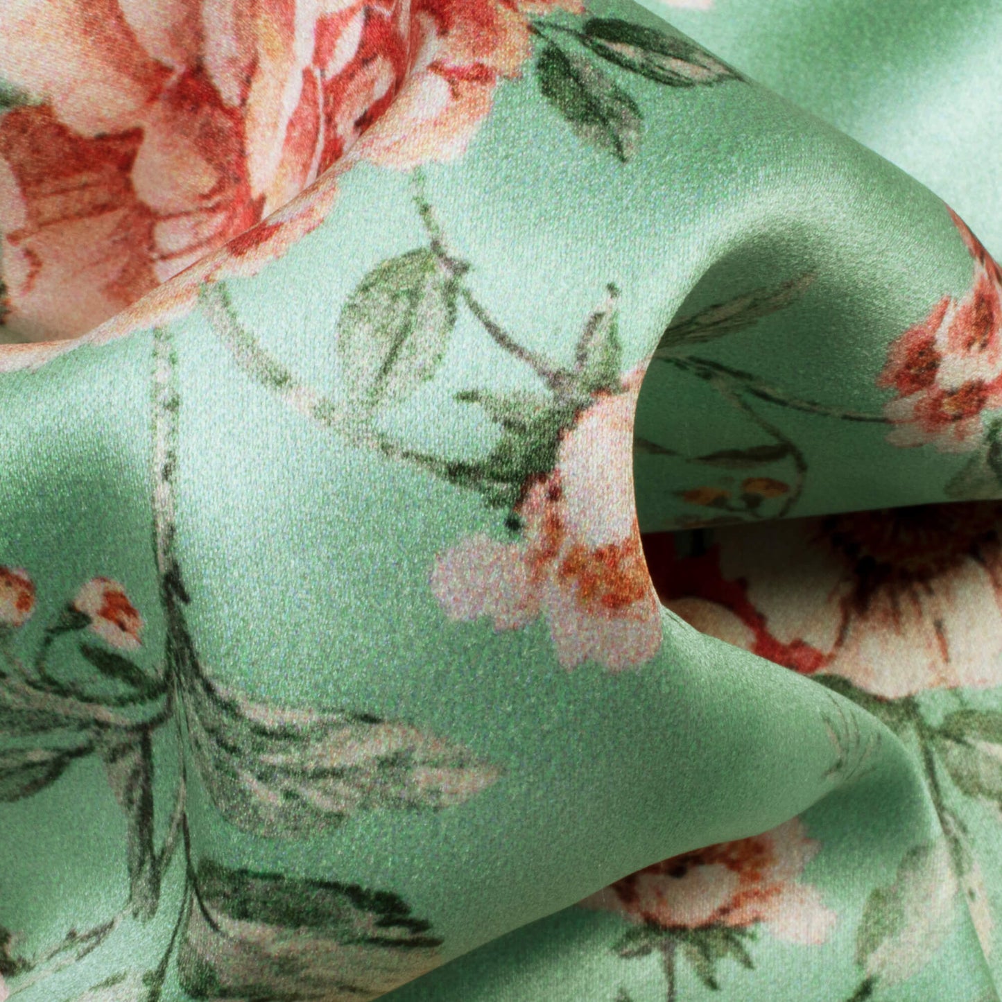 Paris Green And Brick Pink Floral Pattern Digital Print Lush Satin Fabric