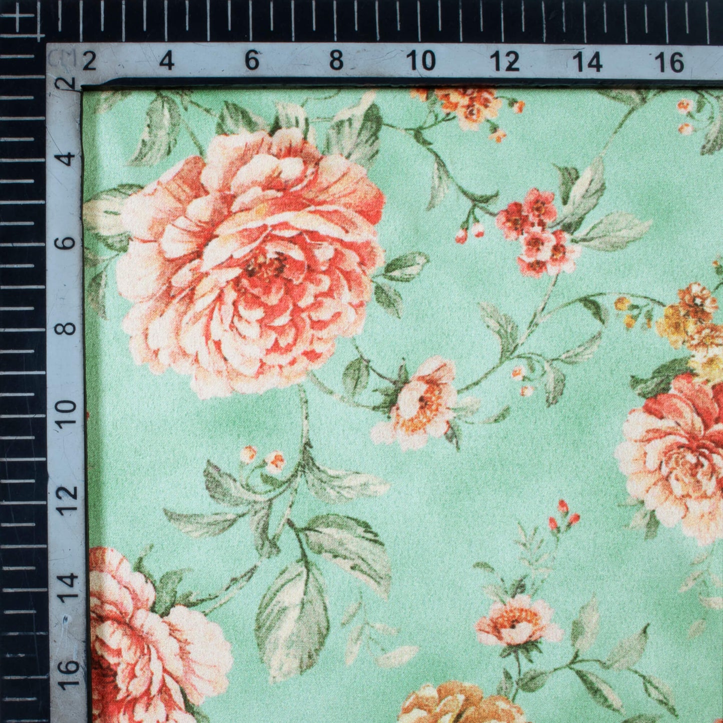 Paris Green And Brick Pink Floral Pattern Digital Print Lush Satin Fabric