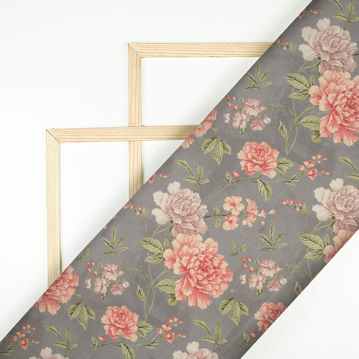 Lava Grey And Brick Pink Floral Pattern Digital Print Lush Satin Fabric
