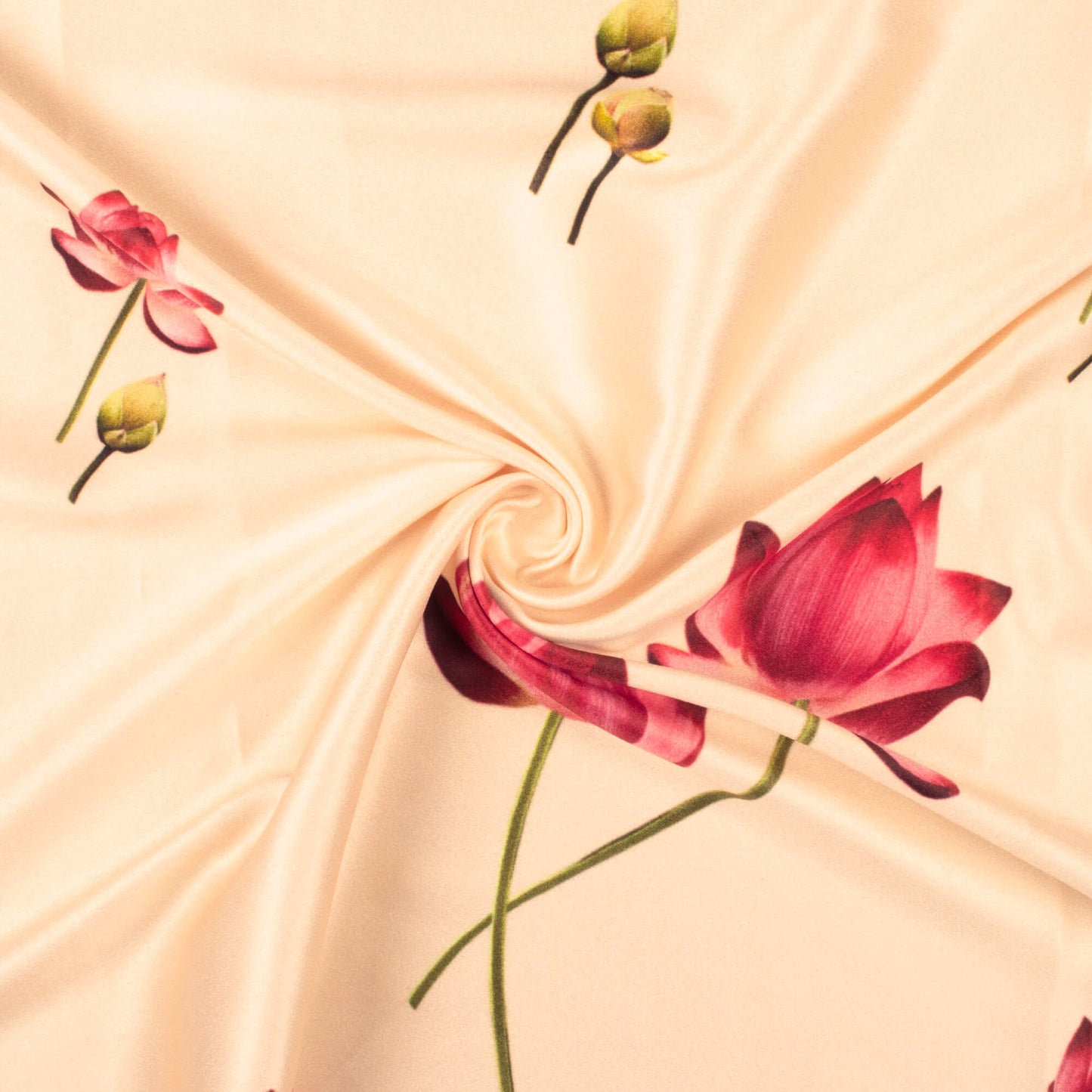 Ivory Cream And Lotus Pink Floral Pattern Digital Print Lush Satin Fabric