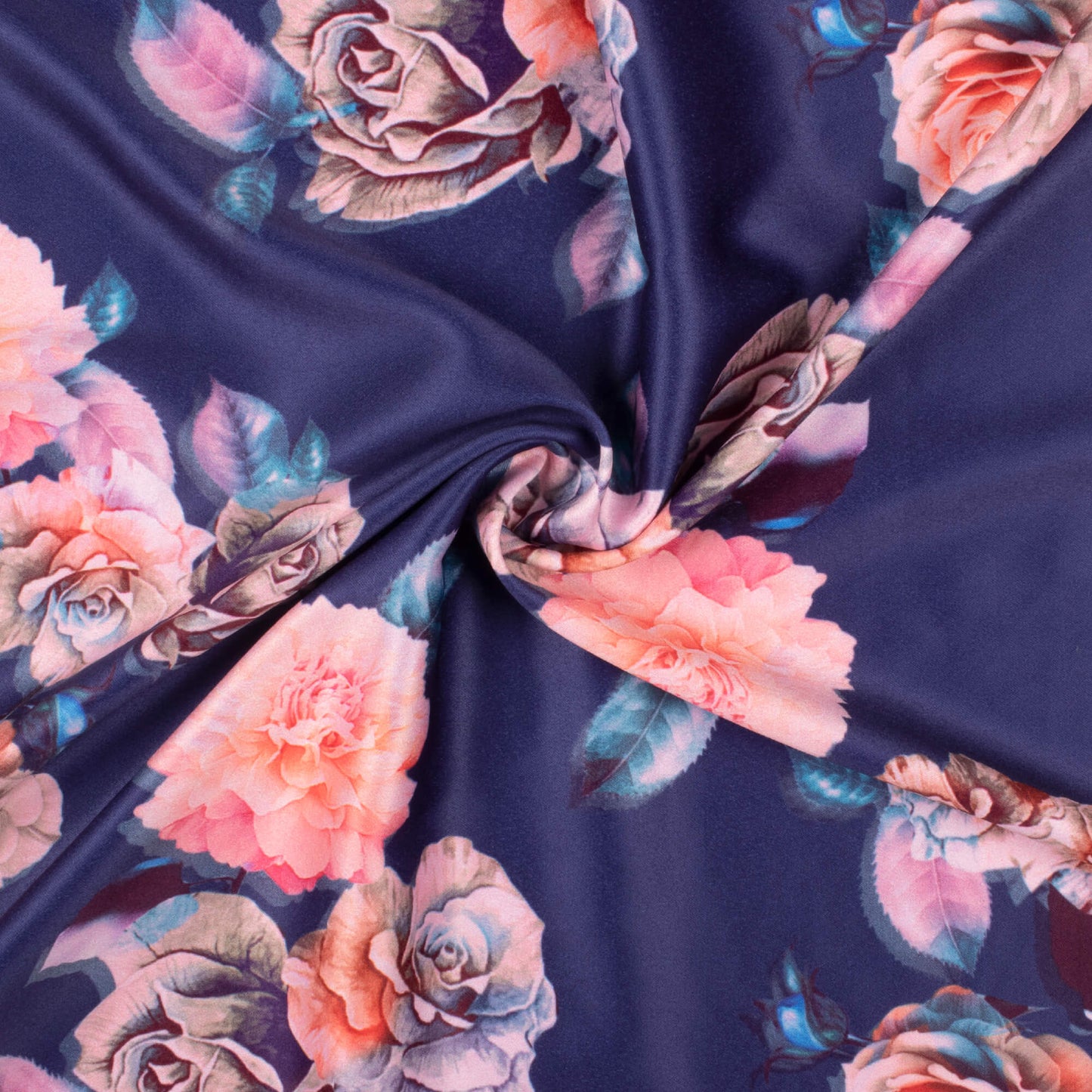 Royal Blue And Peach Floral Pattern Digital Print Lush Satin Fabric