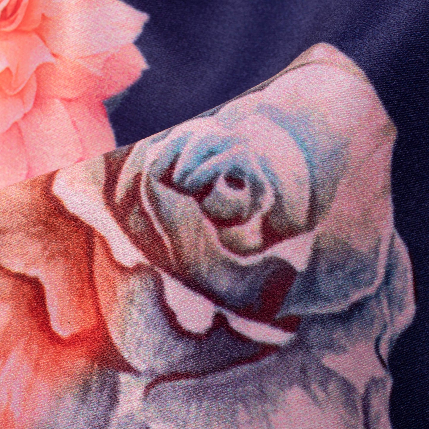 Royal Blue And Peach Floral Pattern Digital Print Lush Satin Fabric