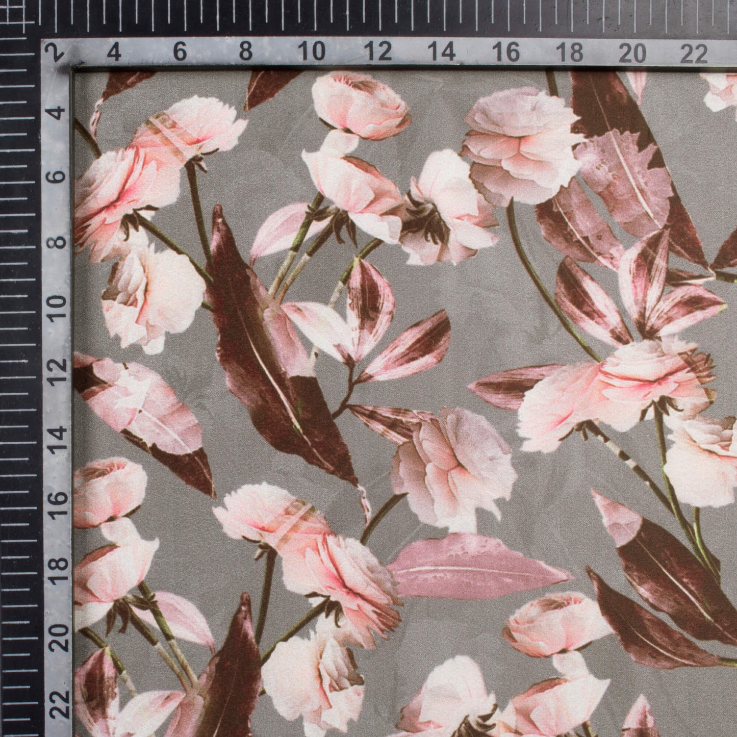 Lava Grey And Taffy Pink Floral Pattern Digital Print Lush Satin Fabric