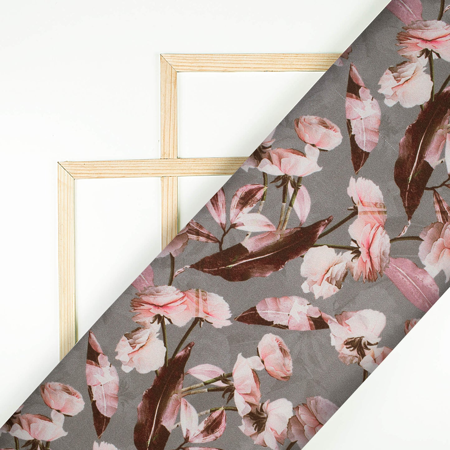 Lava Grey And Taffy Pink Floral Pattern Digital Print Lush Satin Fabric
