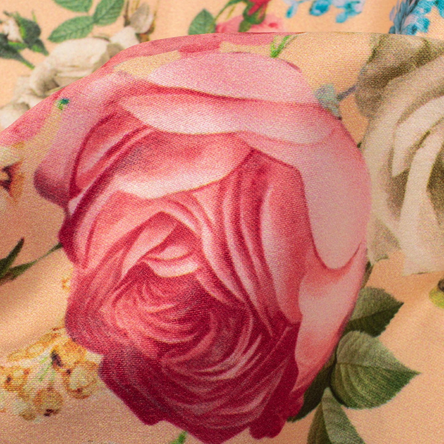 Peach And Pink Floral Pattern Digital Print Lush Satin Fabric