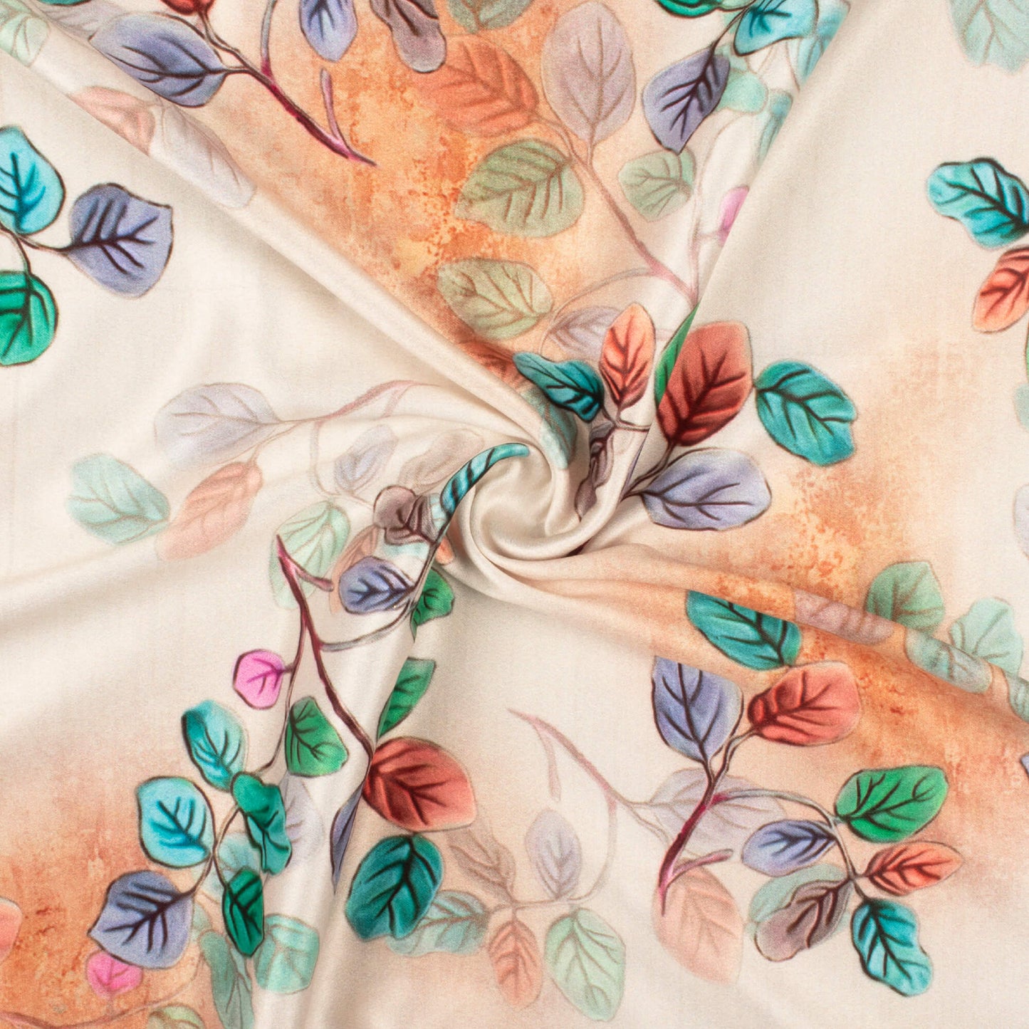 Squash Orange And Kelly Green Leaf Pattern Digital Print Lush Satin Fabric
