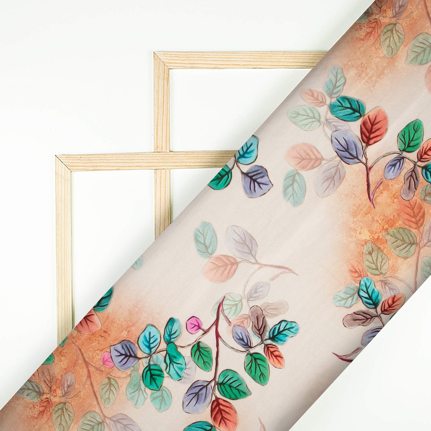 Squash Orange And Kelly Green Leaf Pattern Digital Print Lush Satin Fabric