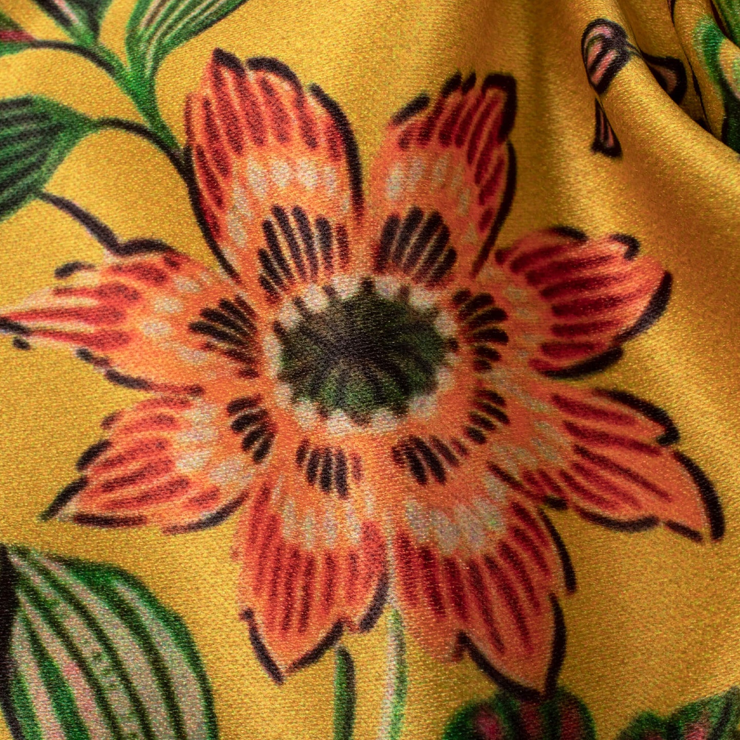 Amber Yellow And Crimson Red Floral Pattern Digital Print Lush Satin Fabric