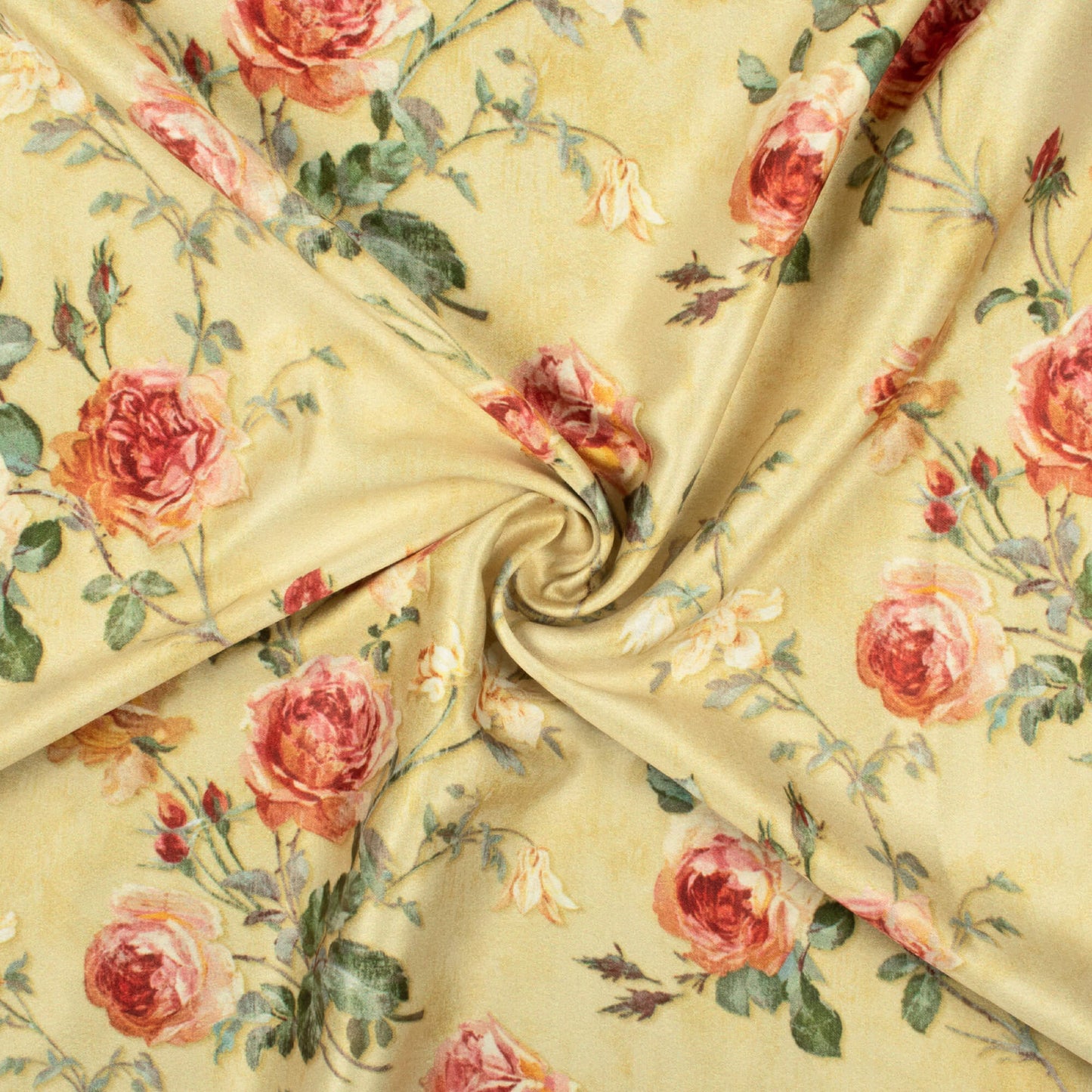 Elaichi Green And Pink Floral Pattern Digital Print Lush Satin Fabric