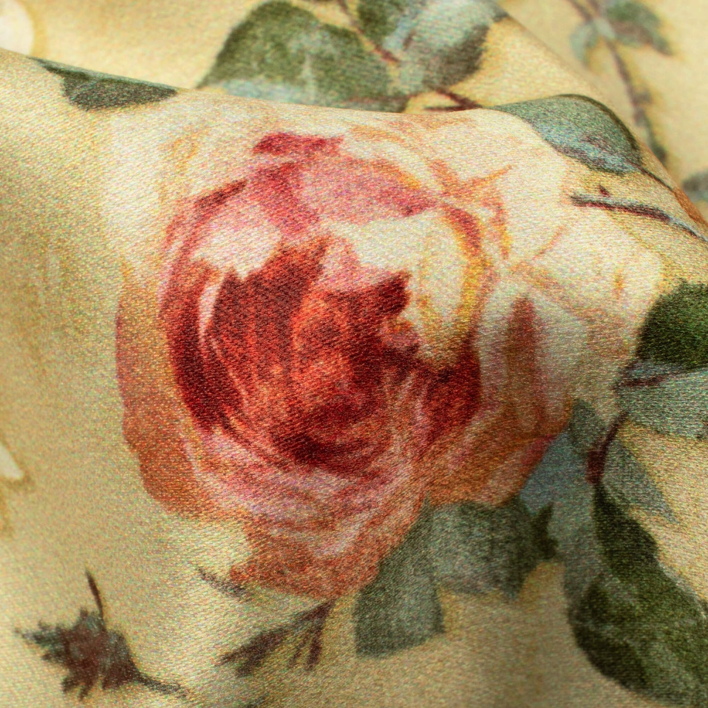Elaichi Green And Pink Floral Pattern Digital Print Lush Satin Fabric