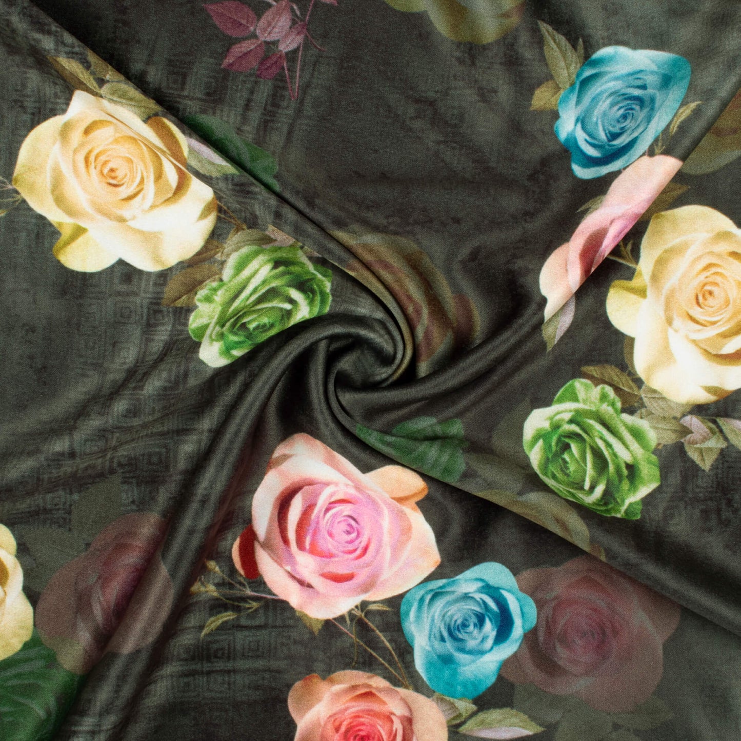 Charcoal Grey And Banana Yellow Floral Pattern Digital Print Lush Satin Fabric