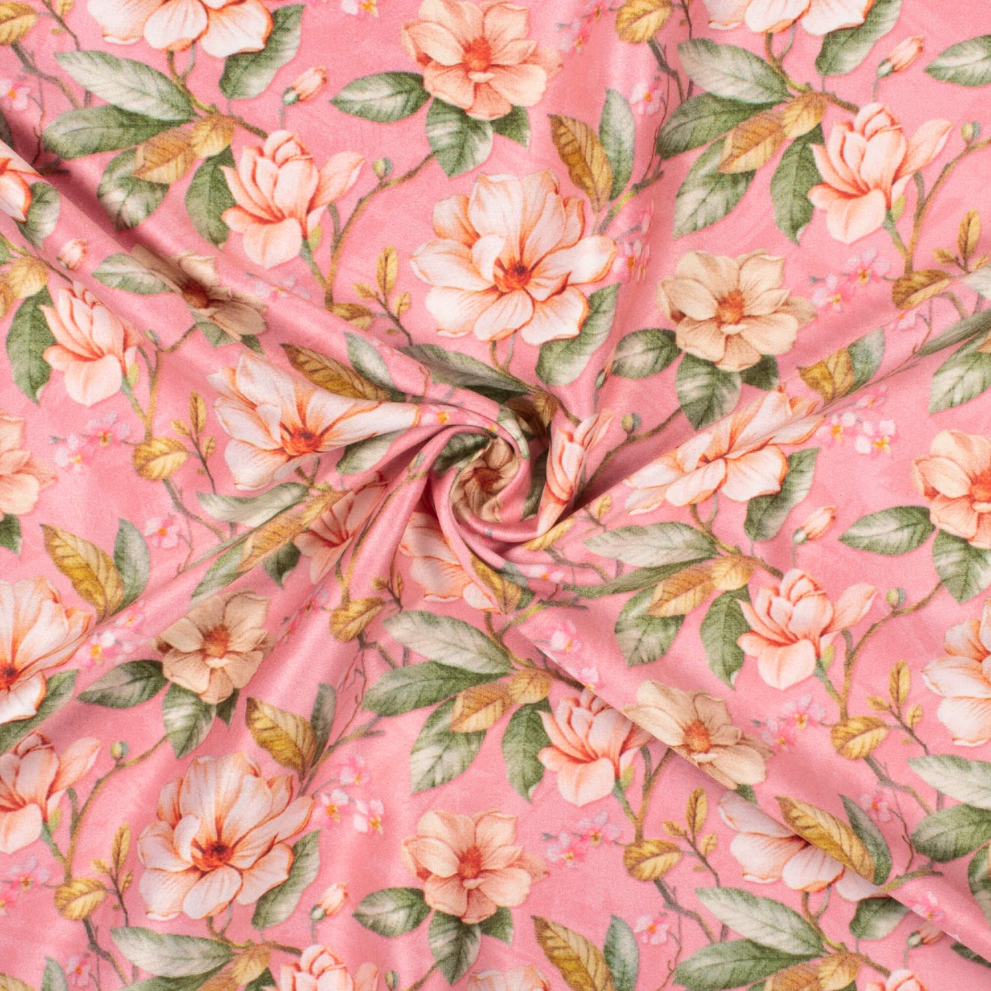 Creamy Pink And Green Floral Pattern Digital Print Lush Satin Fabric