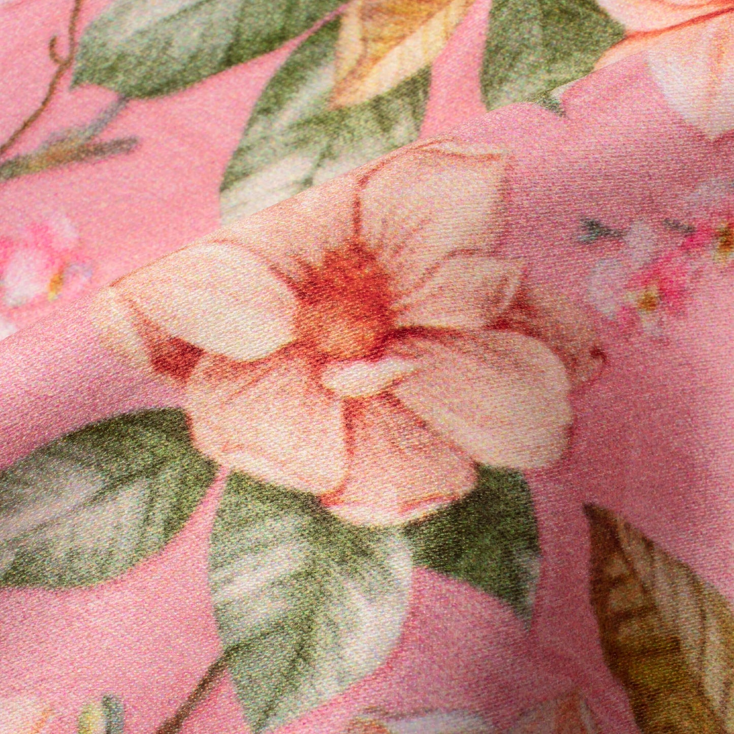 Creamy Pink And Green Floral Pattern Digital Print Lush Satin Fabric
