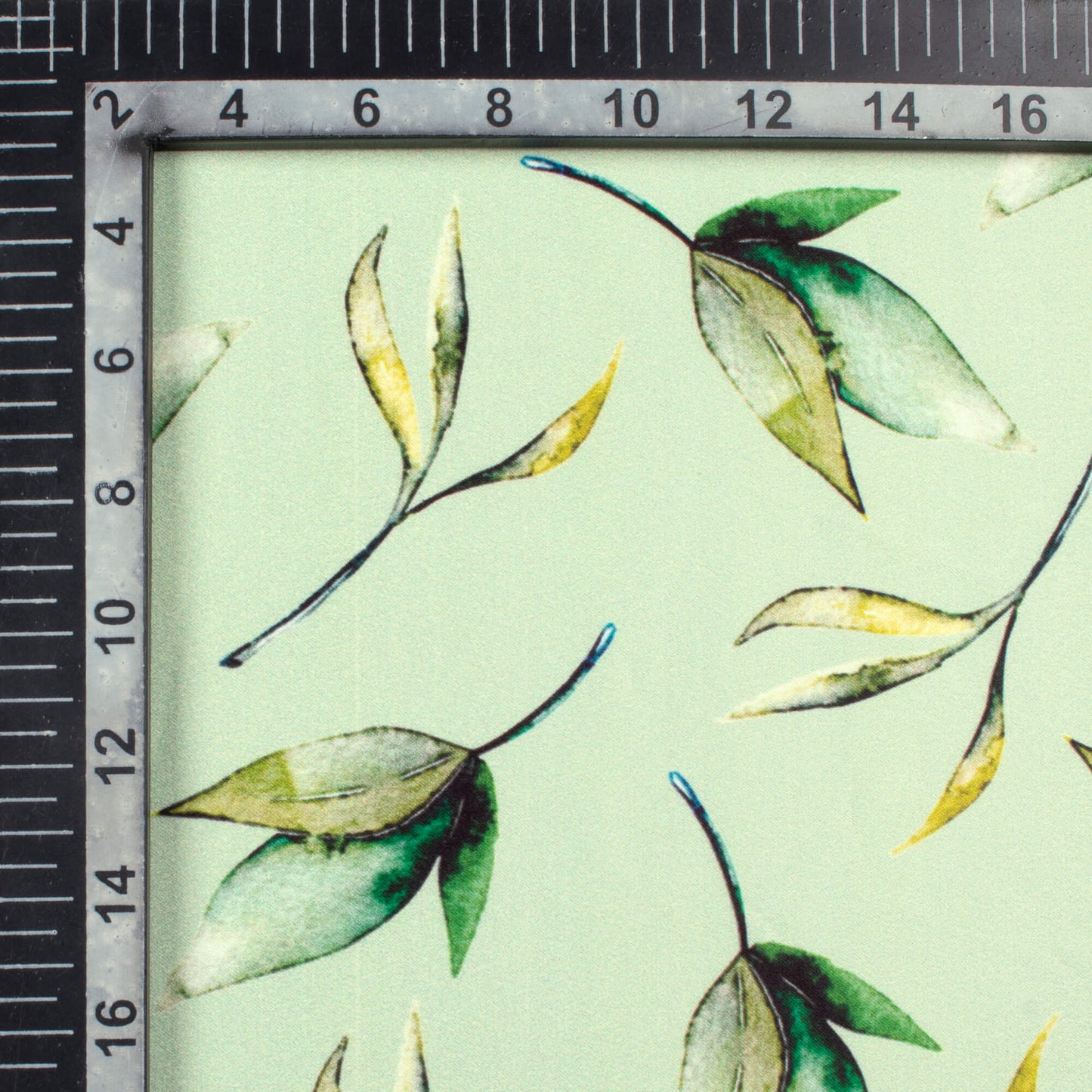 Mint Green Leaf Pattern Digital Print Lush Satin Fabric
