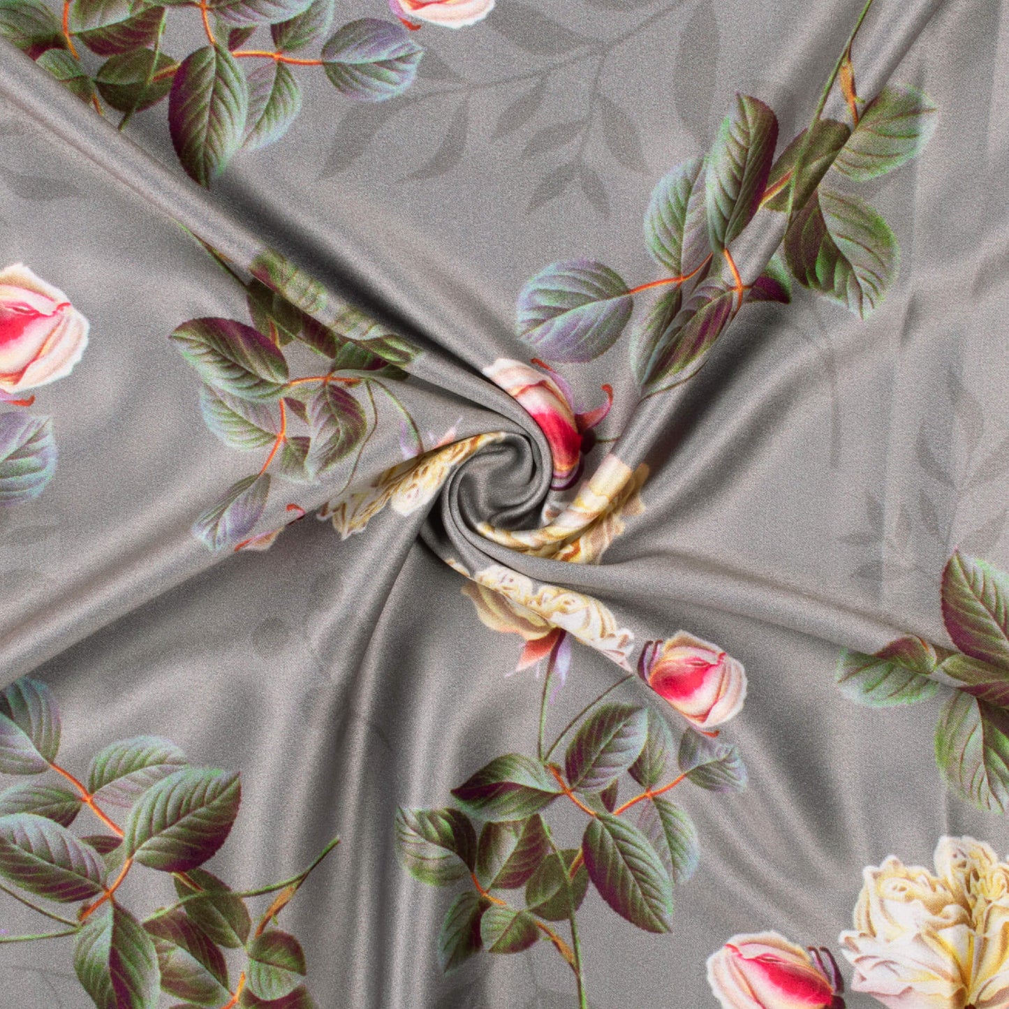 Lava Grey And Fern Green Floral Pattern Digital Print Lush Satin Fabric