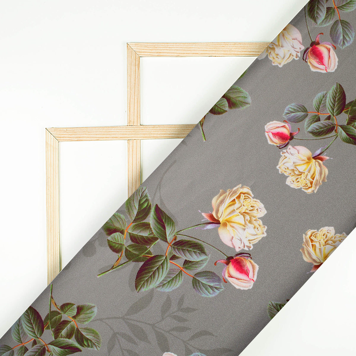 Lava Grey And Fern Green Floral Pattern Digital Print Lush Satin Fabric