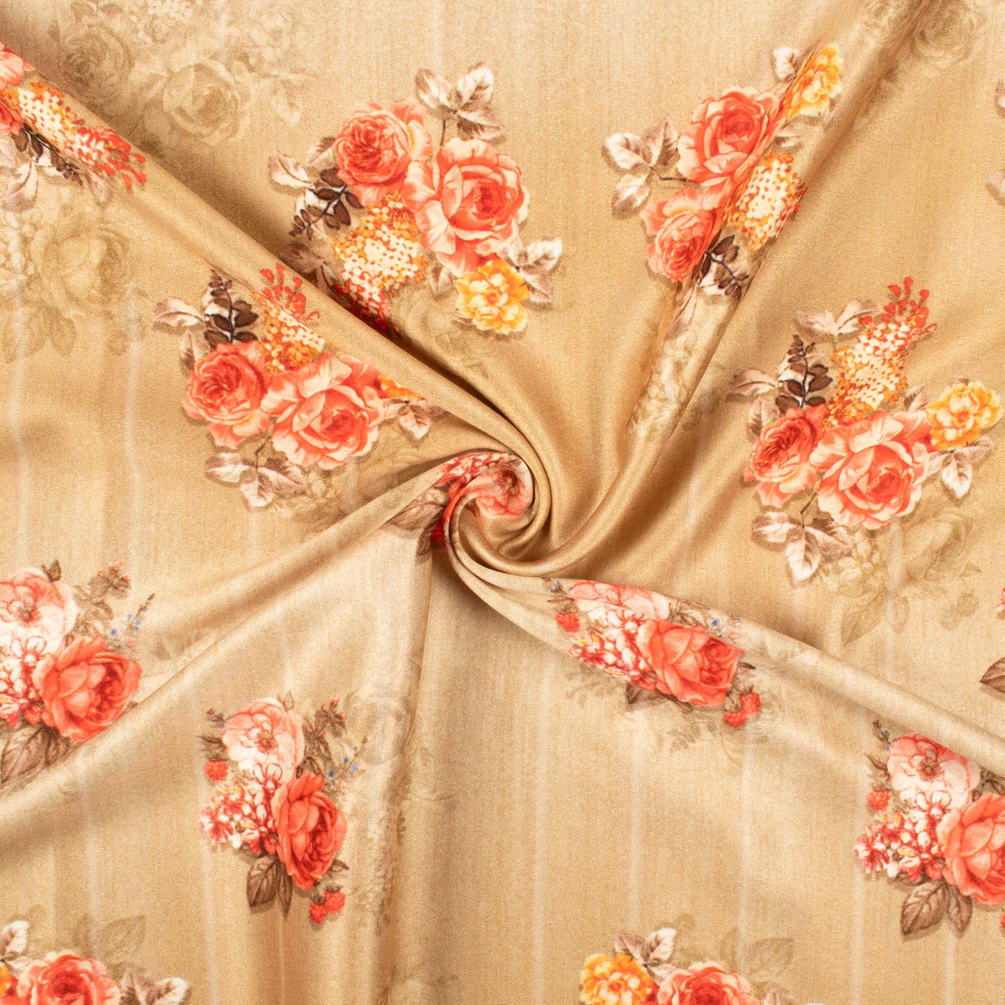 Flax Yellow And Punch Pink Floral Pattern Digital Print Lush Satin Fabric
