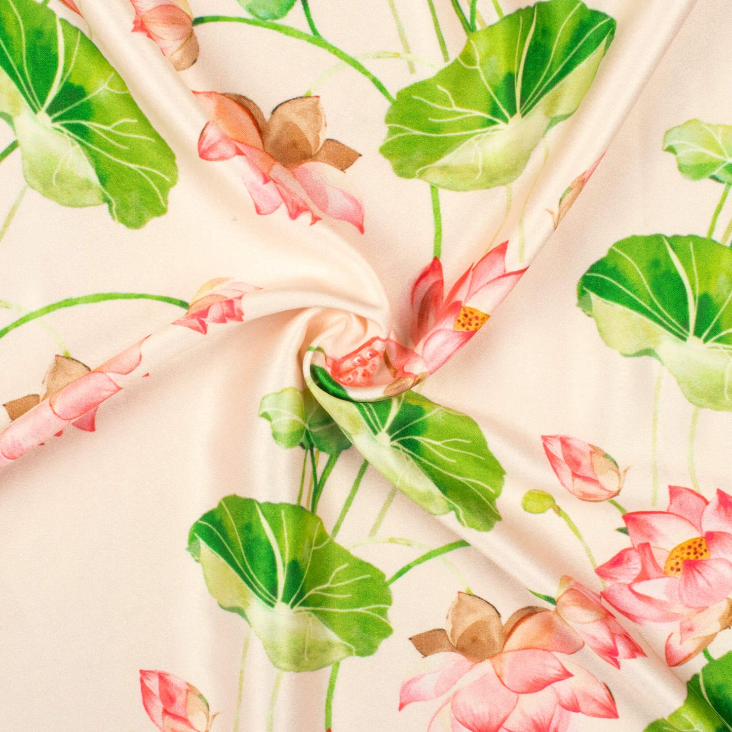 Lotus Pink And Kelly Green Floral Pattern Digital Print Lush Satin Fabric