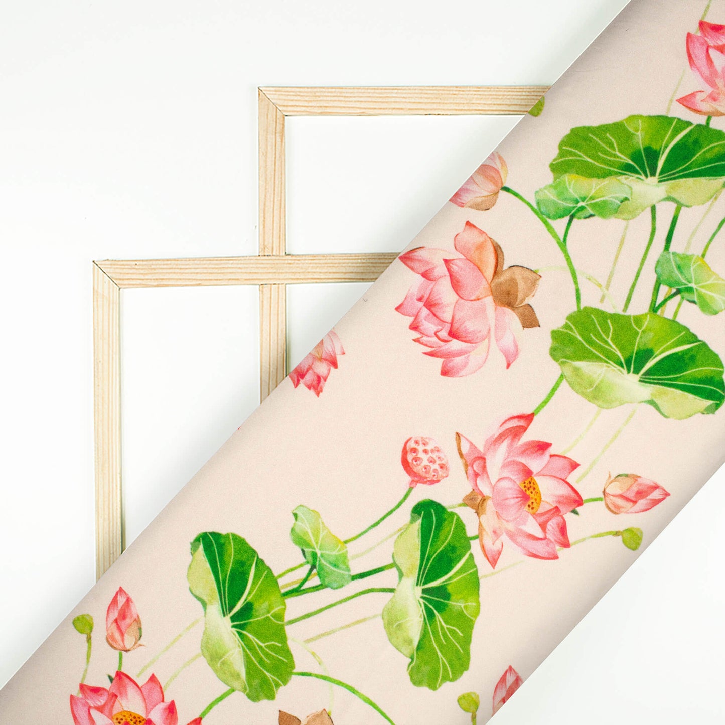 Lotus Pink And Kelly Green Floral Pattern Digital Print Lush Satin Fabric