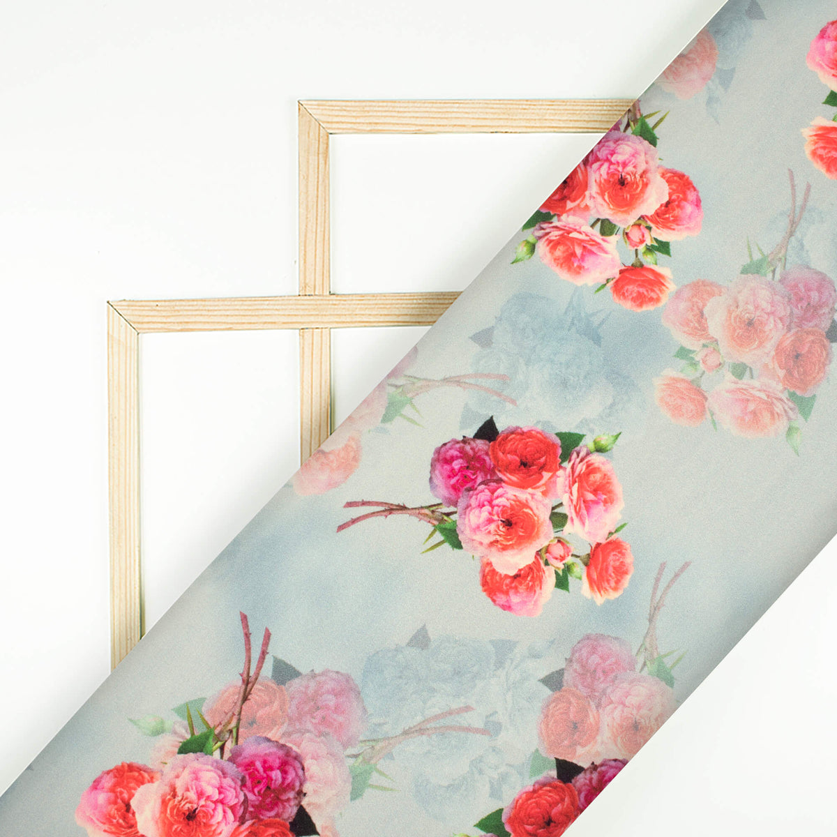 French Rose Pink And Grey Floral Pattern Digital Print Lush Satin Fabric
