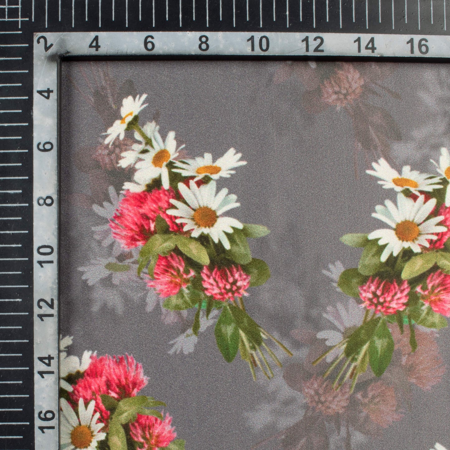 Shark Grey And Off White Floral Pattern Digital Print Lush Satin Fabric