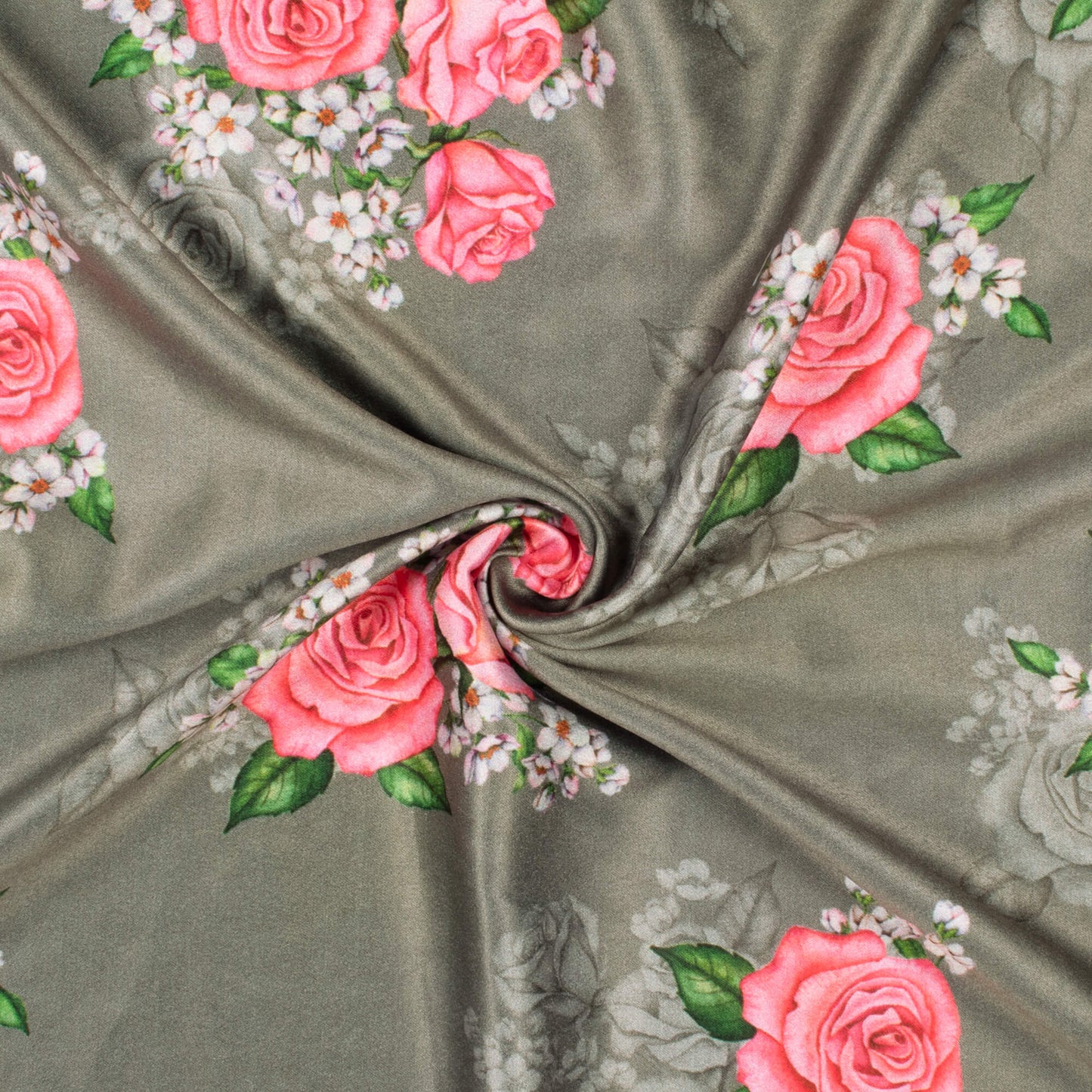 Artichoke Green And Rose Pink Floral Pattern Digital Print Lush Satin Fabric