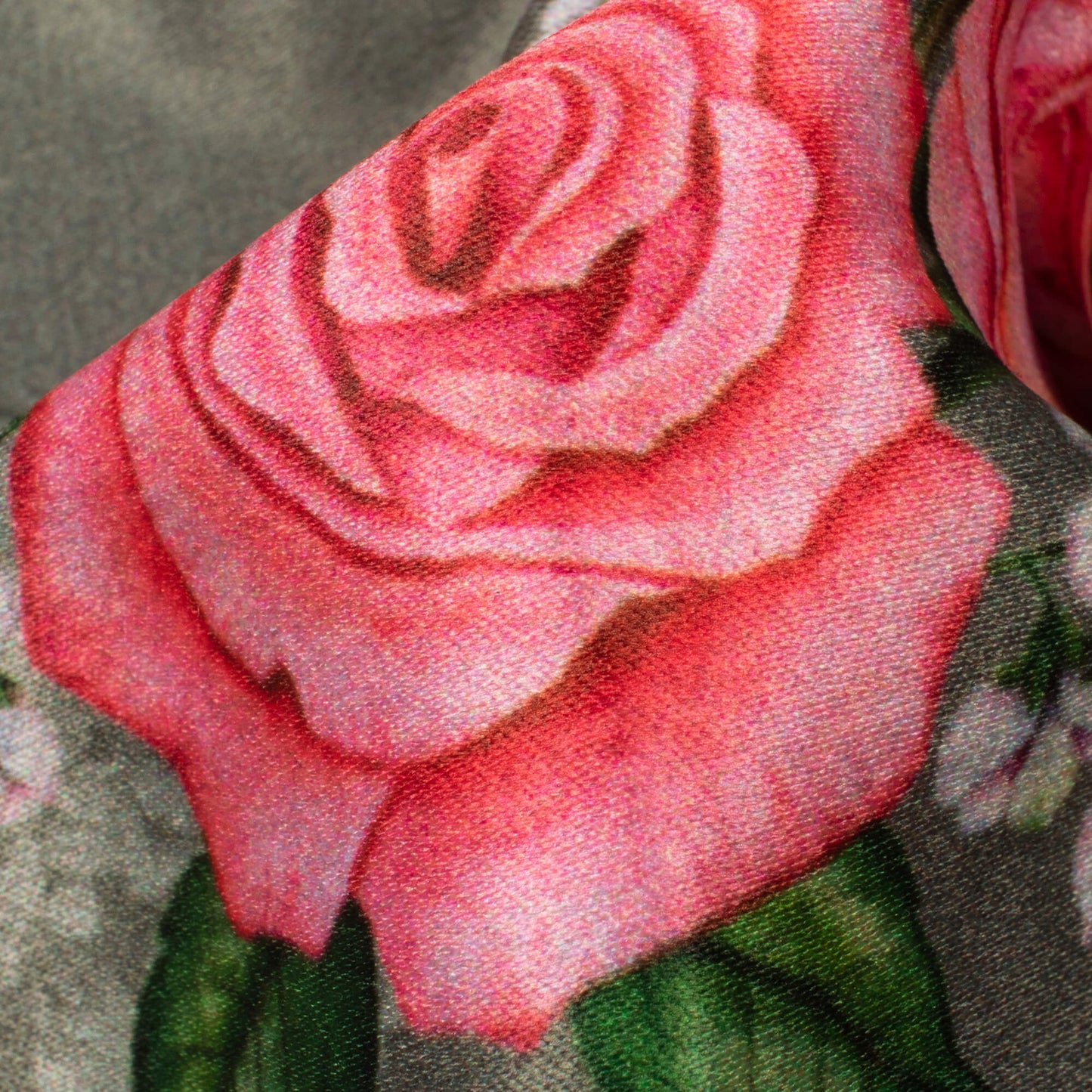 Artichoke Green And Rose Pink Floral Pattern Digital Print Lush Satin Fabric