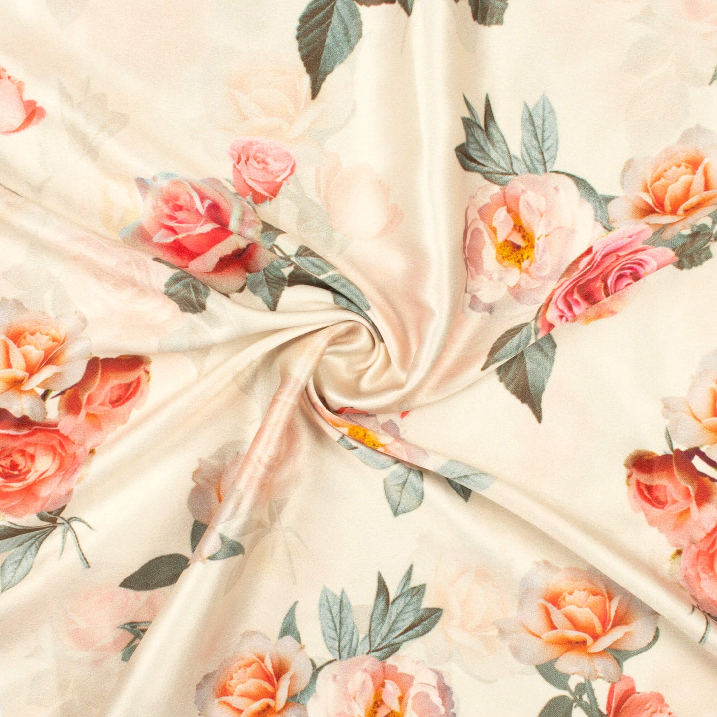 Cream And Pink Floral Pattern Digital Print Lush Satin Fabric