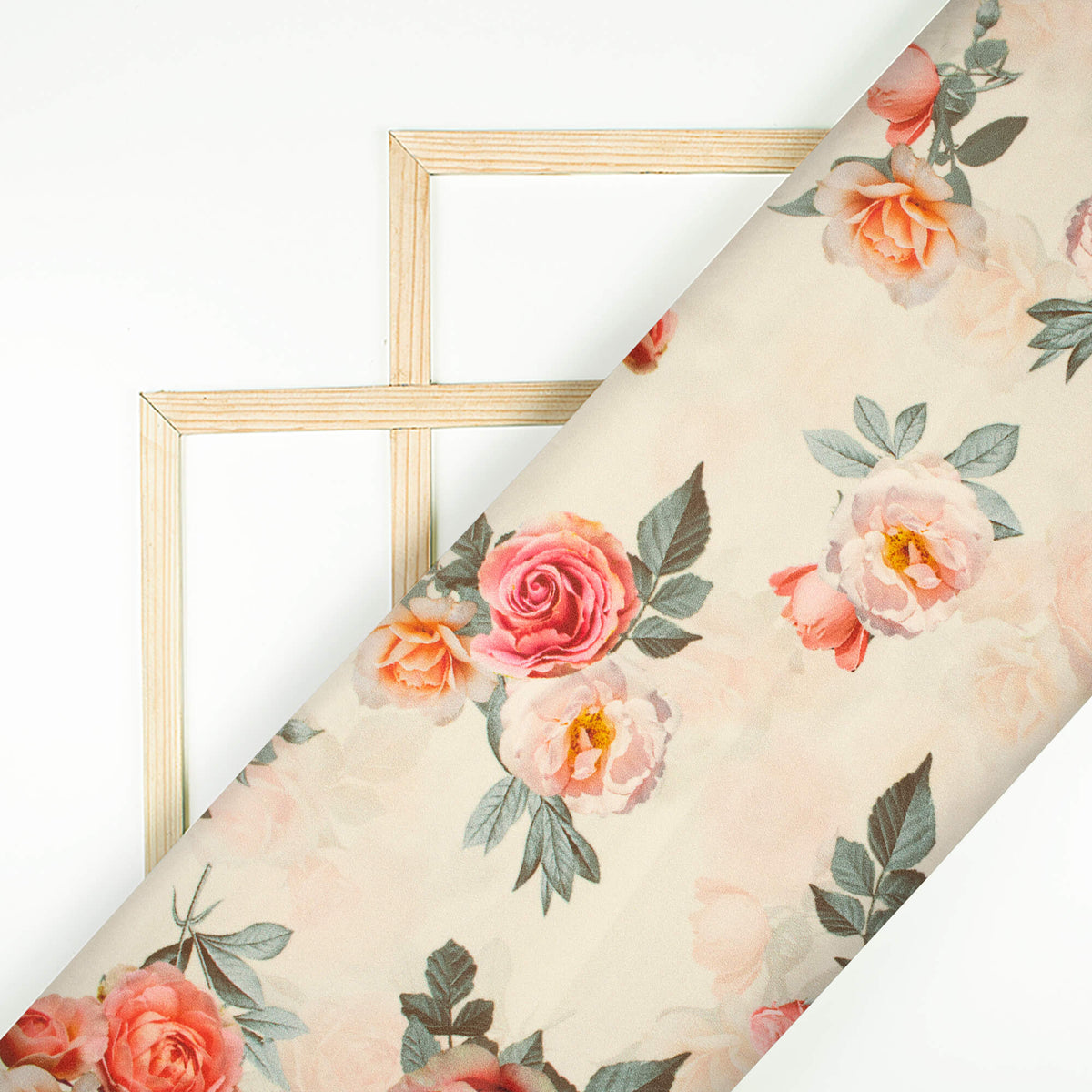 Cream And Pink Floral Pattern Digital Print Lush Satin Fabric