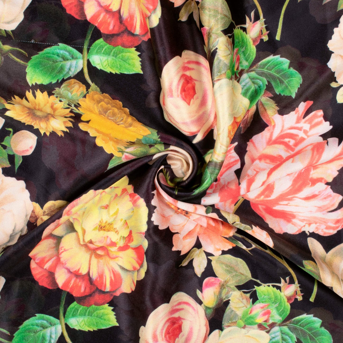 Black And Lemon Yellow Floral Pattern Digital Print Lush Satin Fabric