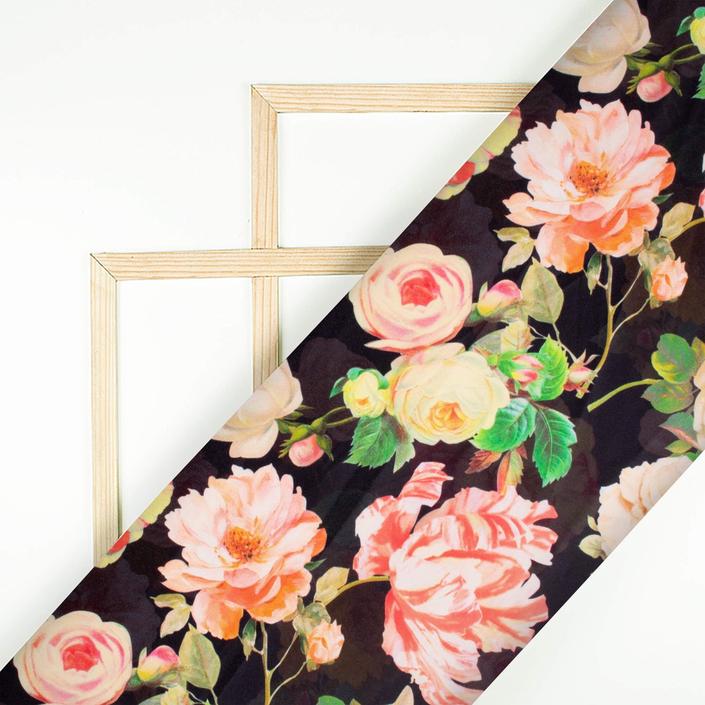 Black And Lemon Yellow Floral Pattern Digital Print Lush Satin Fabric