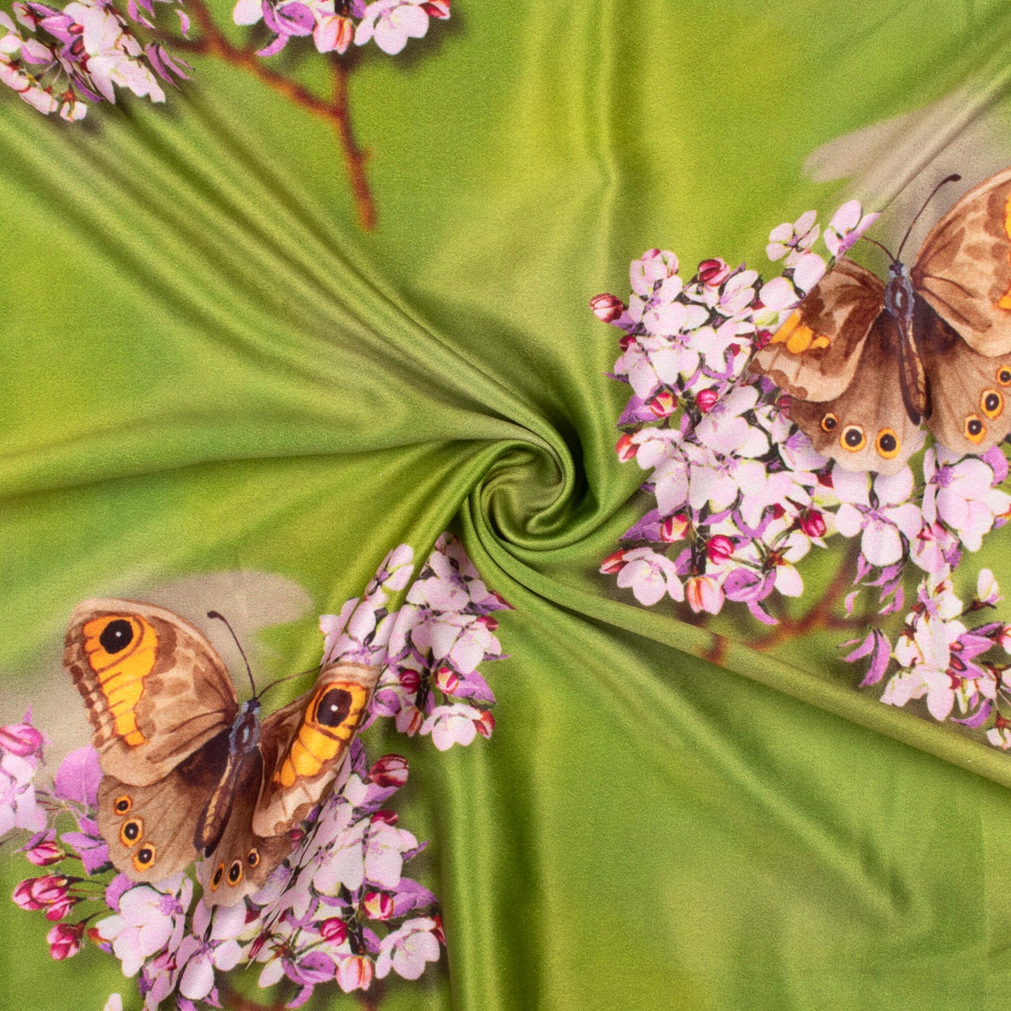 Avocado Green And Lavender Purple Floral Pattern Digital Print Lush Satin Fabric