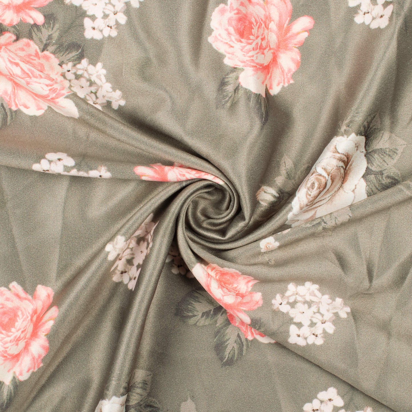 Stone Grey And Carnation Pink Floral Pattern Digital Print Lush Satin Fabric