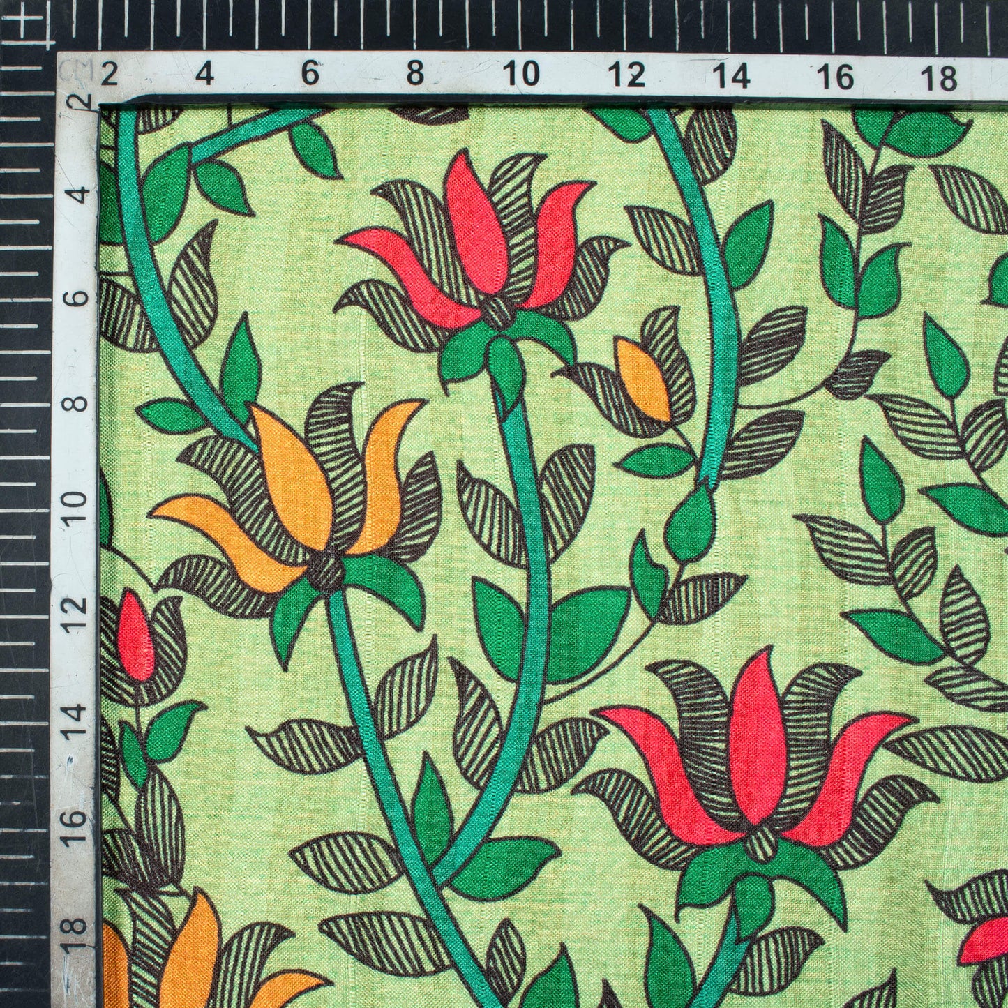 Pistachio Green And Fuchsia Madhubani Pattern Digital Print Art Tusser Silk Fabric - Fabcurate