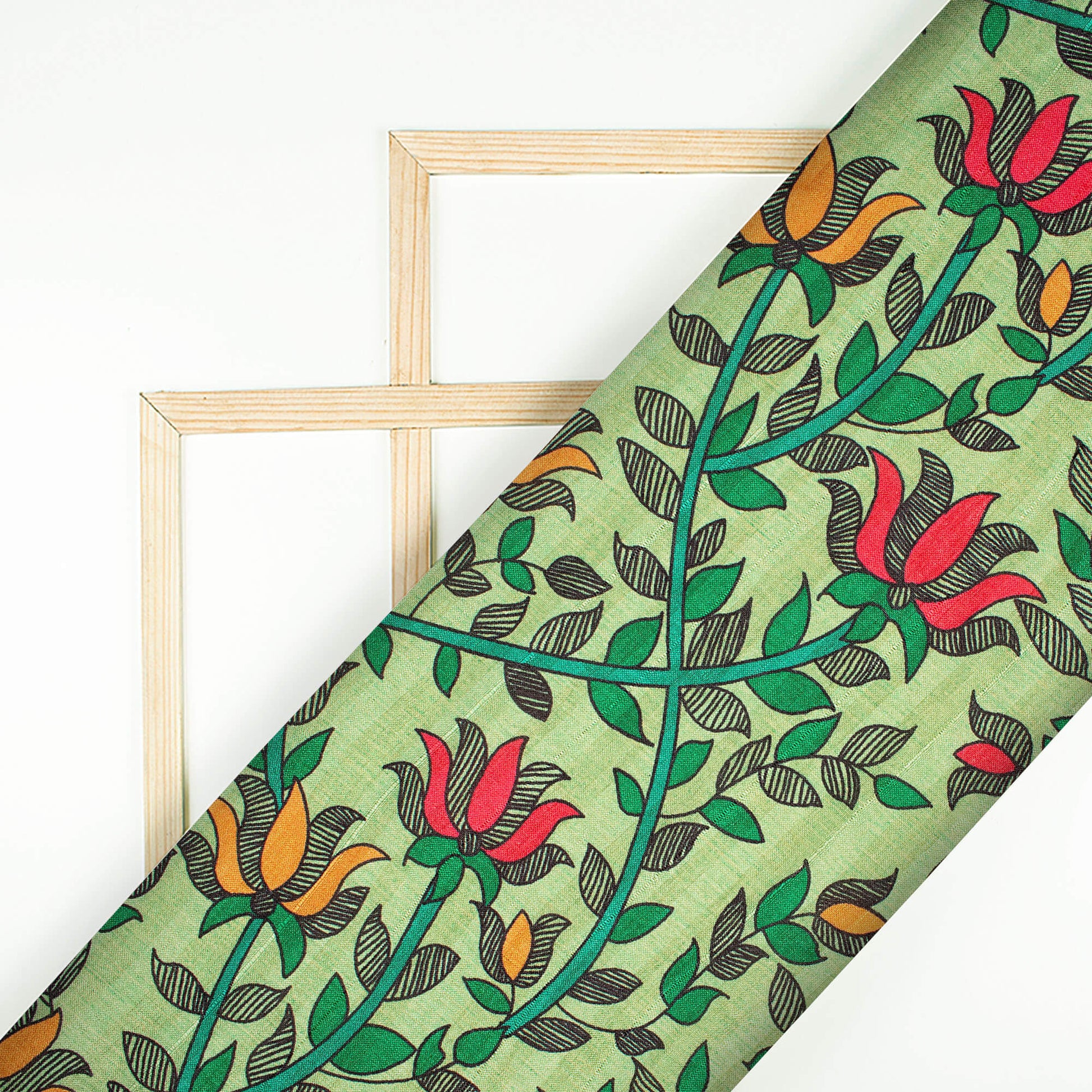 Pistachio Green And Fuchsia Madhubani Pattern Digital Print Art Tusser Silk Fabric - Fabcurate