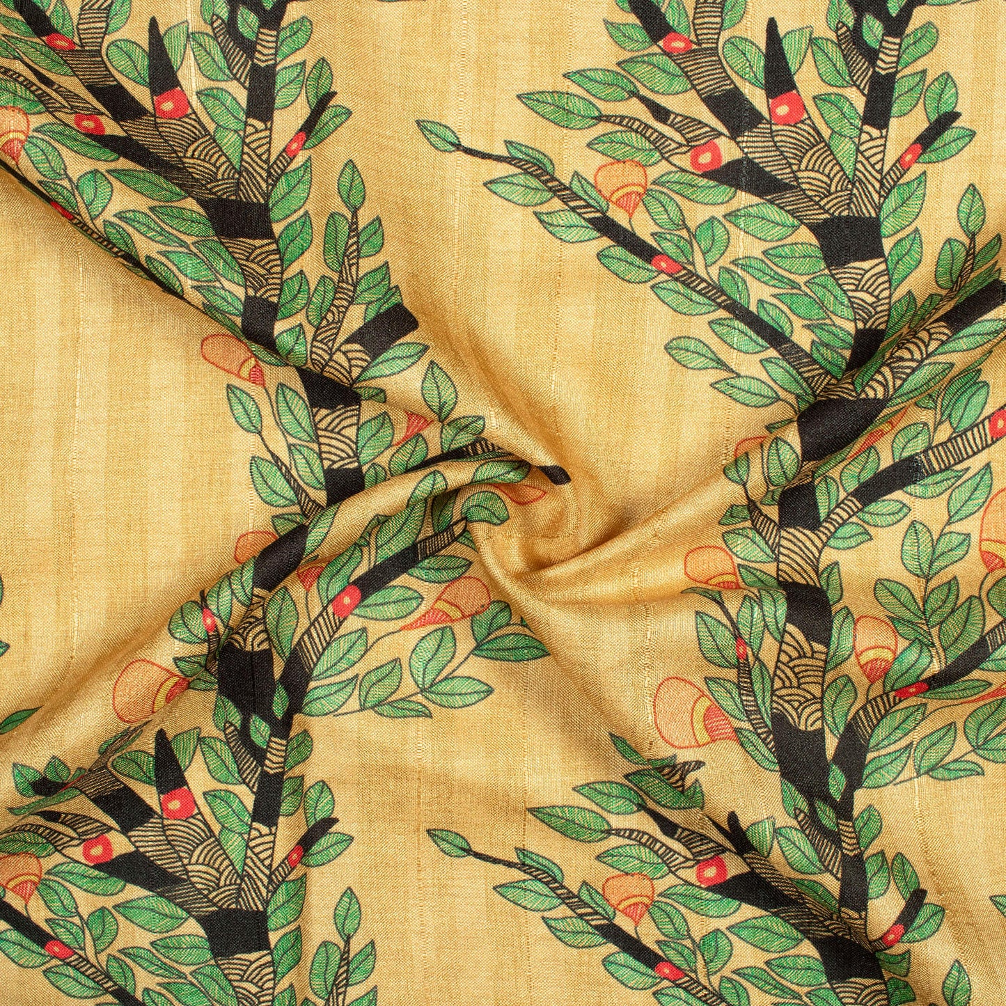 Cream And Green Madhuvanii Pattern Digital Print Art Tusser Silk Fabric