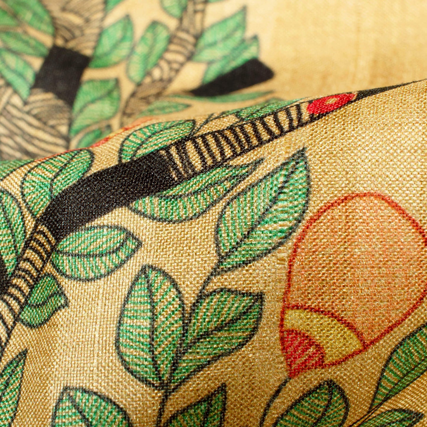 Cream And Green Madhuvanii Pattern Digital Print Art Tusser Silk Fabric