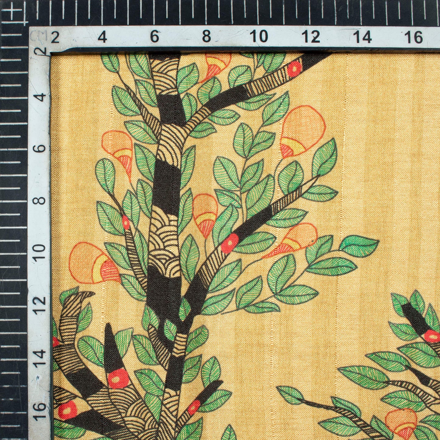 Cream And Green Madhubani Pattern Digital Print Art Tussar Silk Fabric